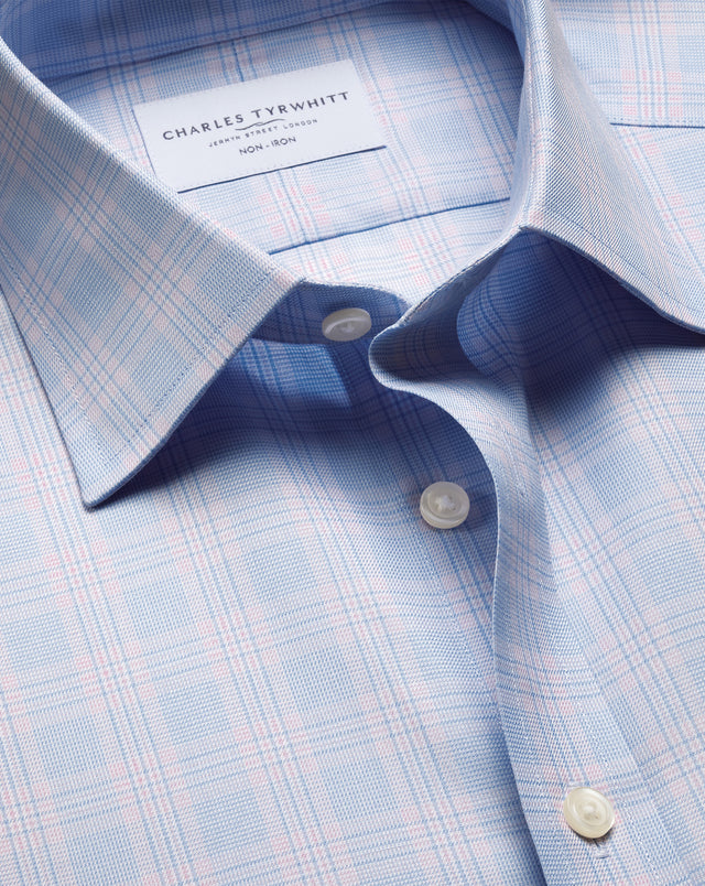 Non-Iron Twill Prince of Wales Check Shirt – Sky Blue & Pink