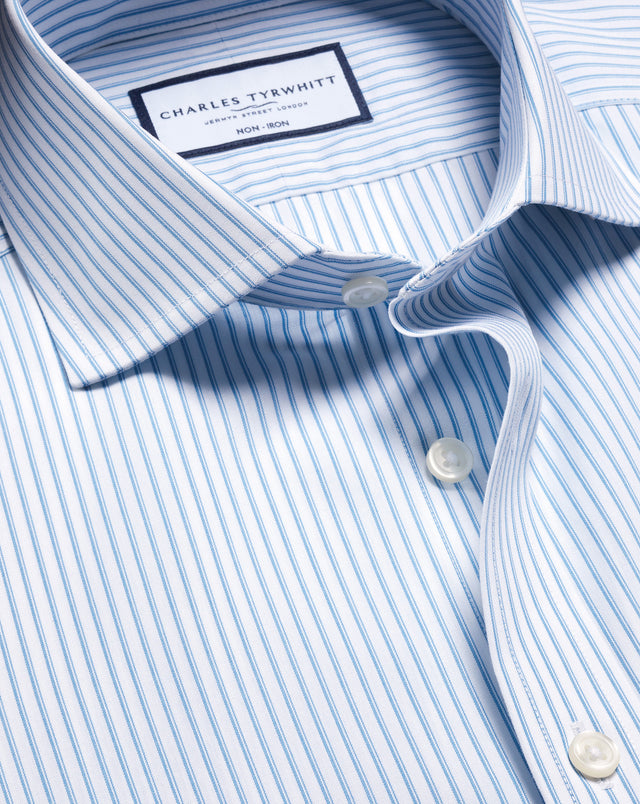 Non-Iron Stretch Poplin Stripe Shirt - Ocean Blue