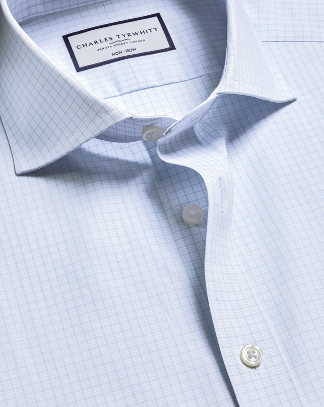 Non-Iron Stretch Poplin Check Shirt - Ice Blue