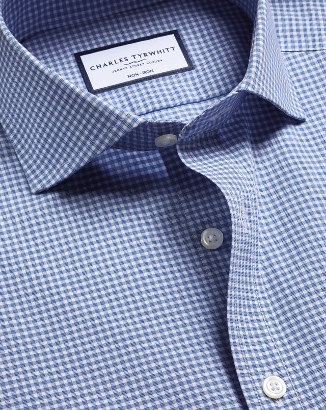 Non-Iron Stretch Poplin Gingham Shirt - Royal Blue