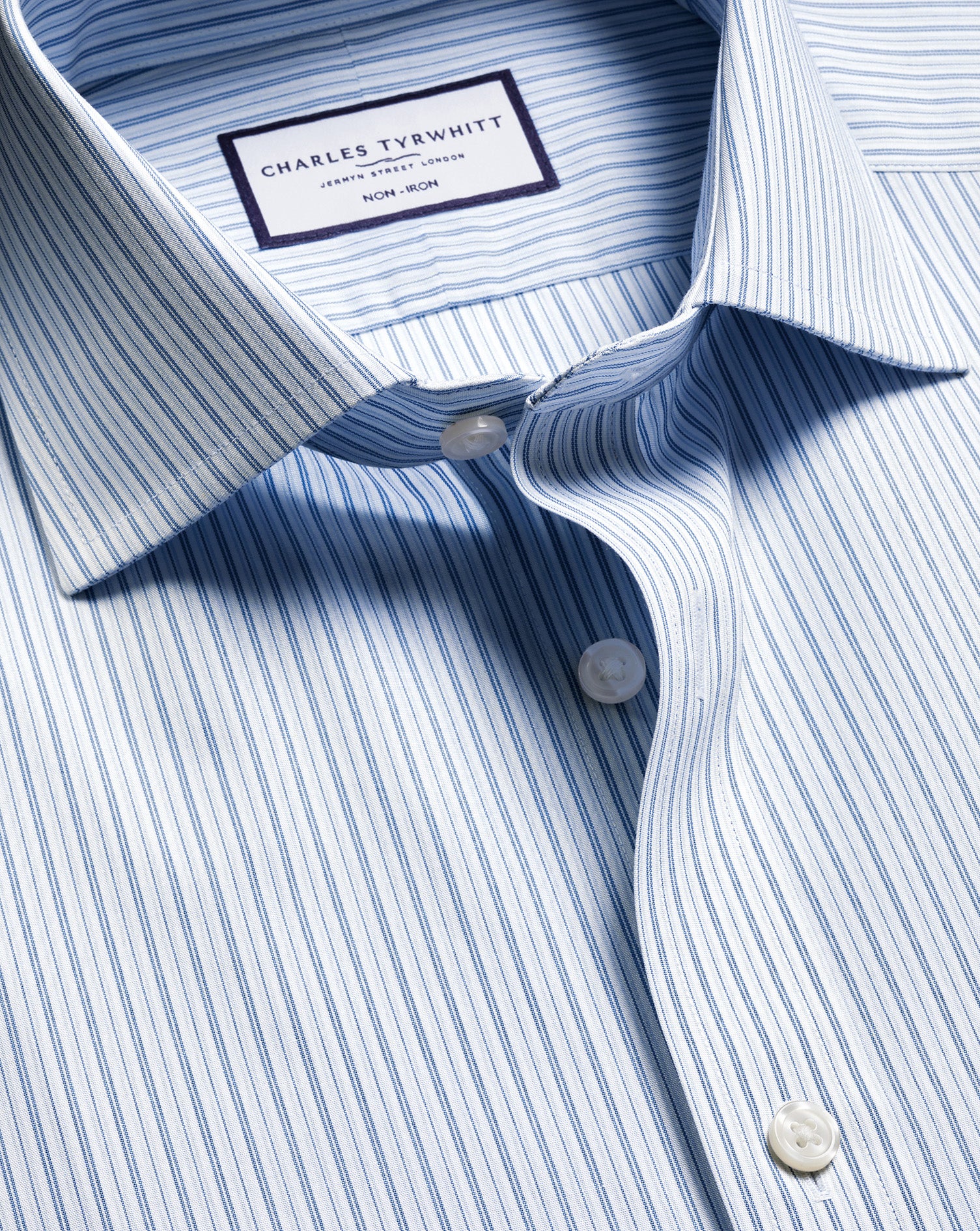 Non-Iron Stretch Poplin Stripe Shirt - Mid Blue