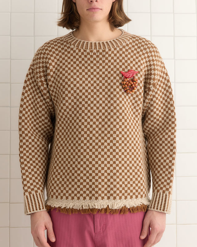 Fringe Check Pullover - Brown