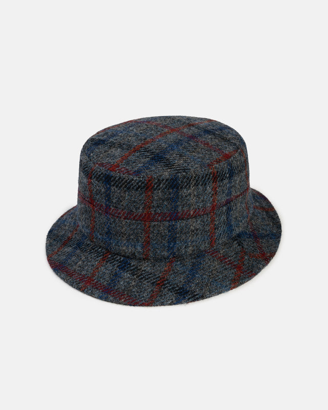 Made In Italy Grey Windowpane Harris Tweed Bucket Hat
