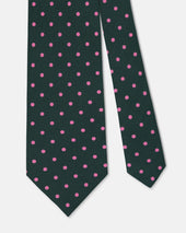 Made In Uk Dark Green Pink Polka Dot Silk Foulard Tie