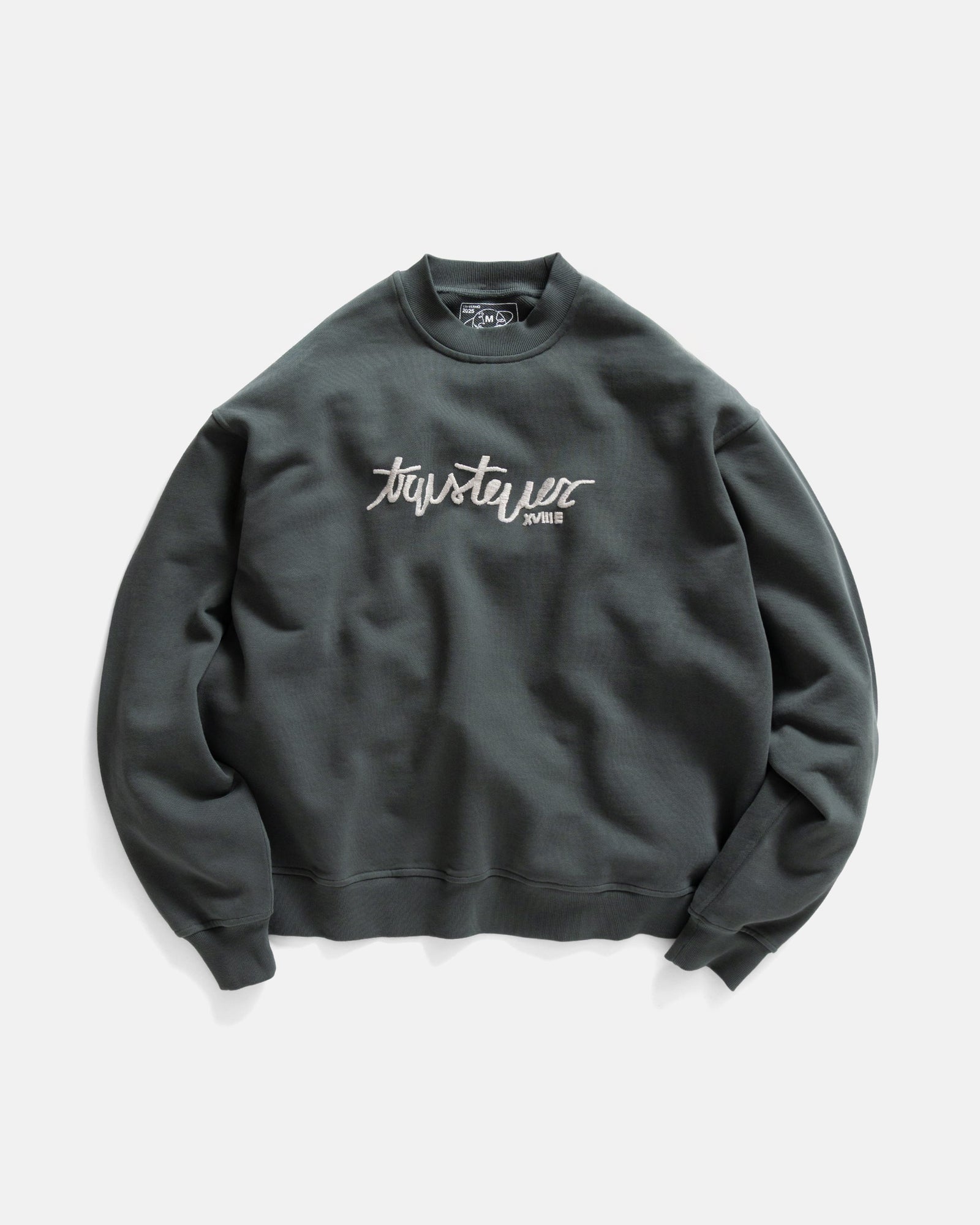 18 East X Trustever Fermi Hand Embroidered Crewneck Sweatshirt Deep Foliage Travertine 19oz All Cotton Loopback Terry Fleece