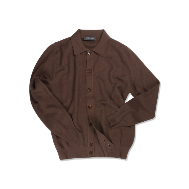 Polo Collar Cardigan in Chocolate Brown Piquet