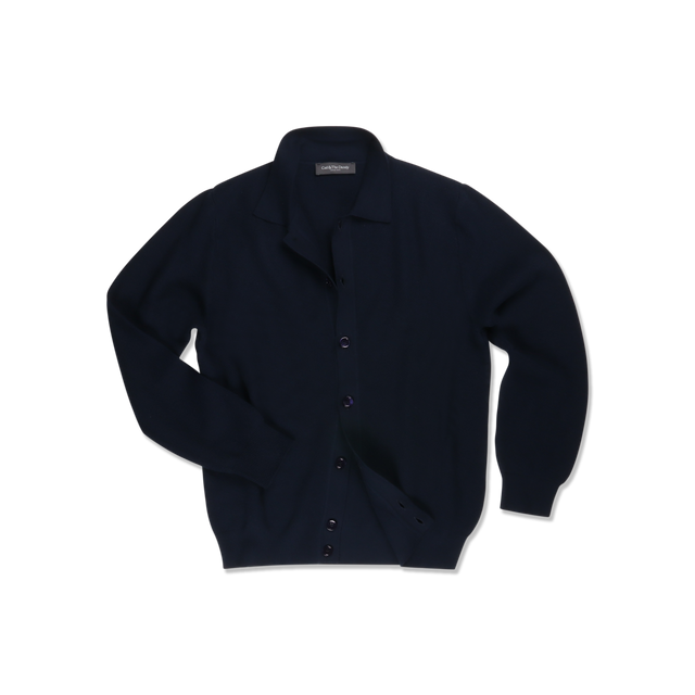 Polo Collar Cardigan in Dark Navy Piquet