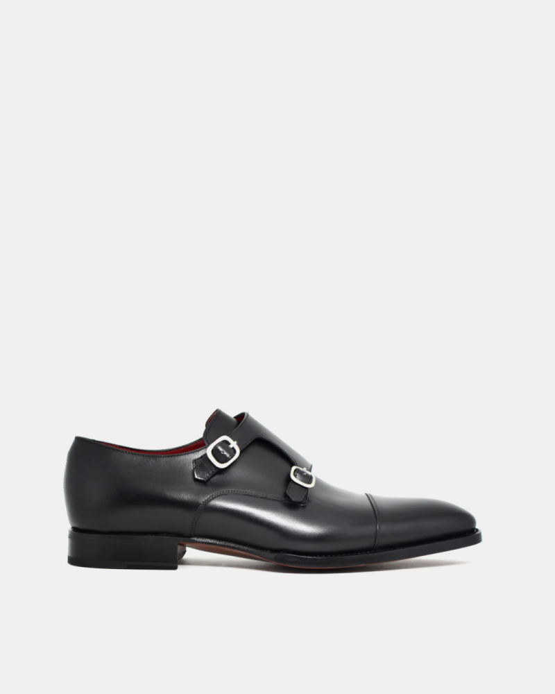 Black Double Monk Strap Dress Shoe with Rubber Half Soles - Louvre