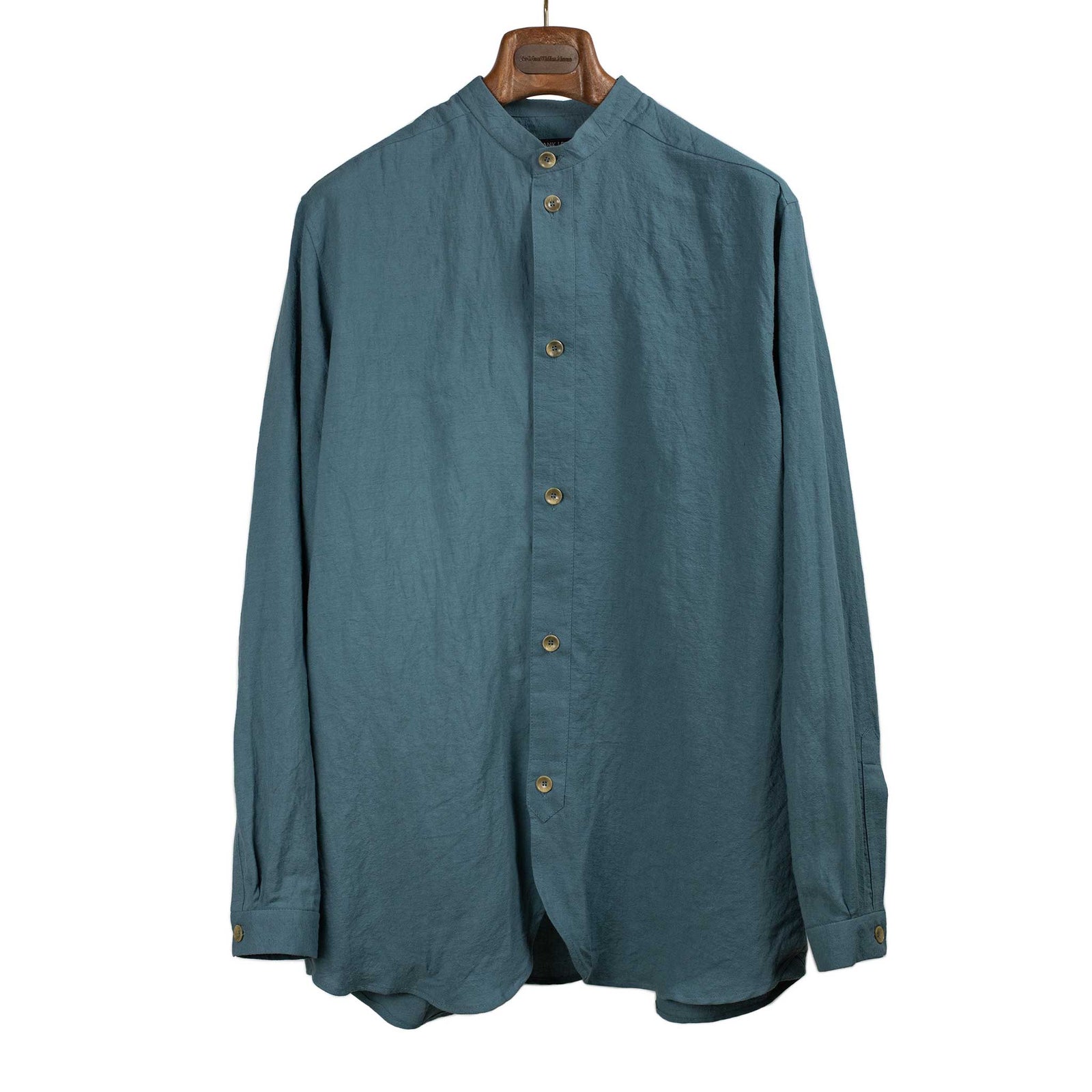 Band Collar Shirt In Small Batch Hand Dyed Cornflower Cotton And Linen