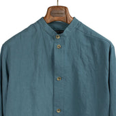 Band Collar Shirt In Small Batch Hand Dyed Cornflower Cotton And Linen