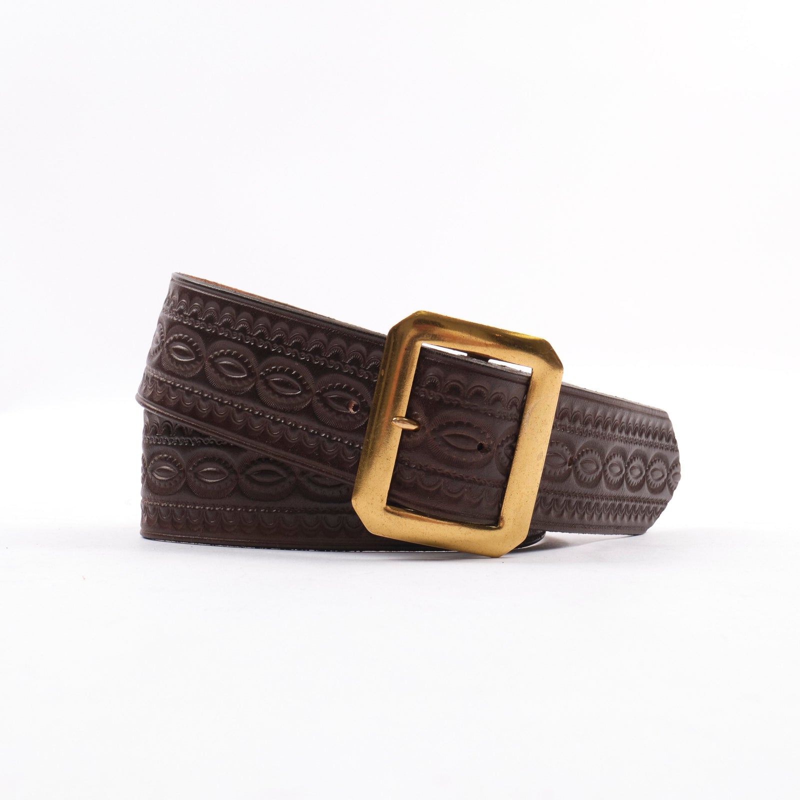 Codina Leather Nos Vintage Brass Buckle Embossed Belt Brown