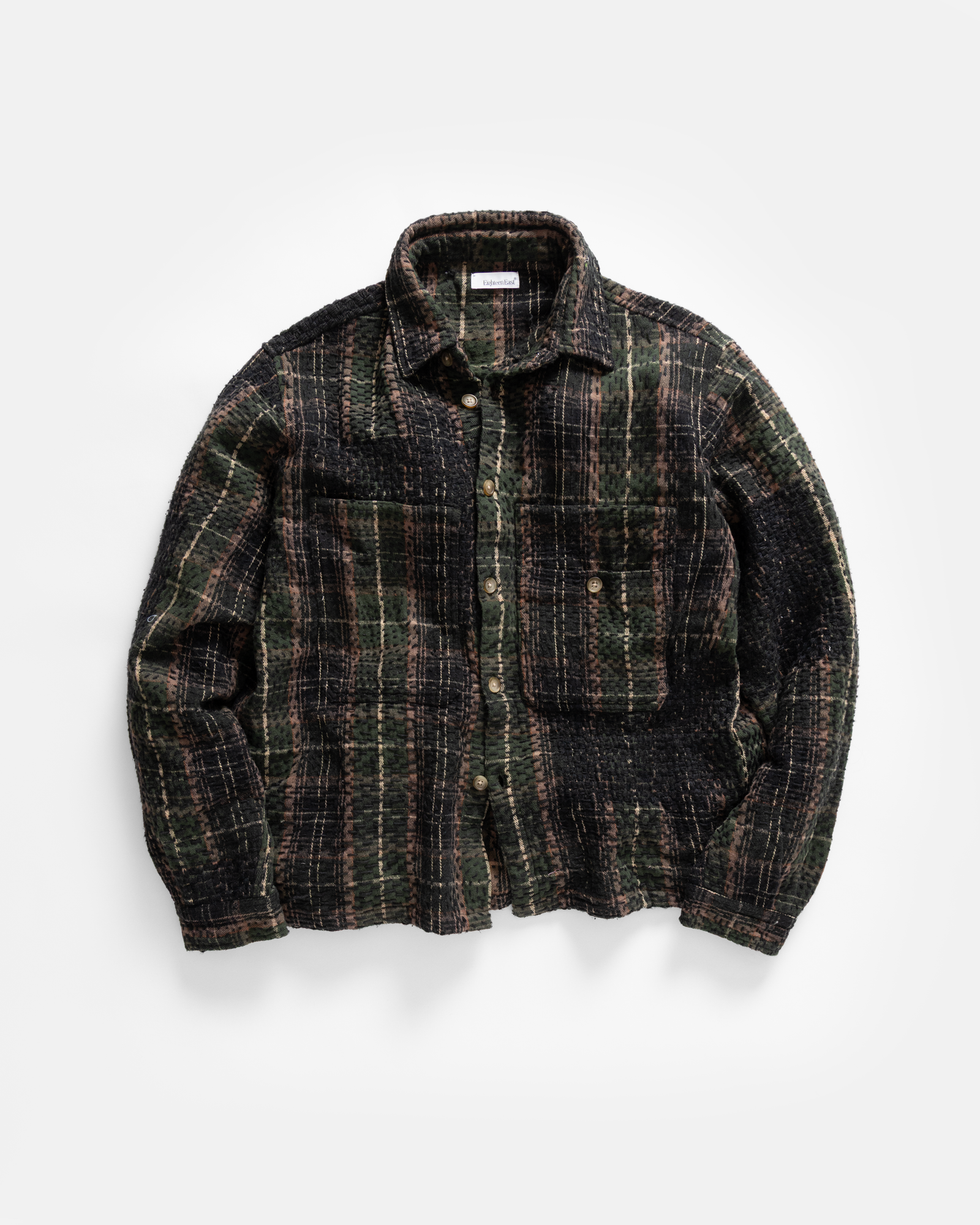 Pilchuck Hand Embroidered Overshirt Hunter Shroom Ecru Clay Cotton Flannel With Kantha Stitching