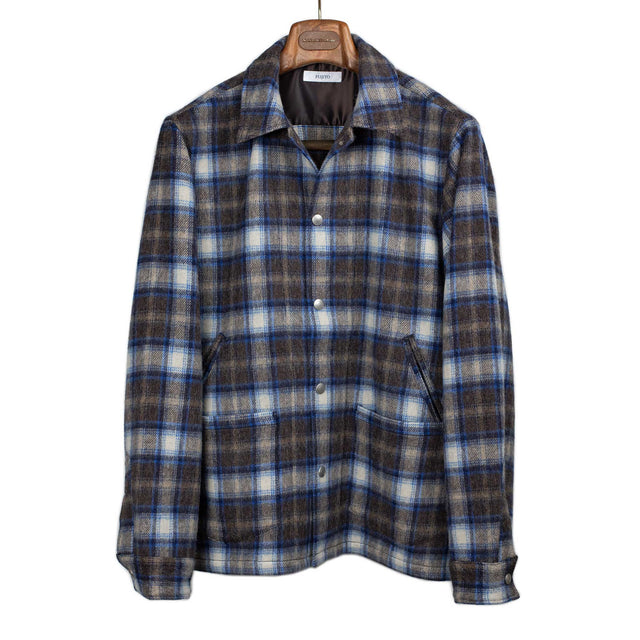 CPO jacket in blue and brown plaid brushed wool and alpaca flannel