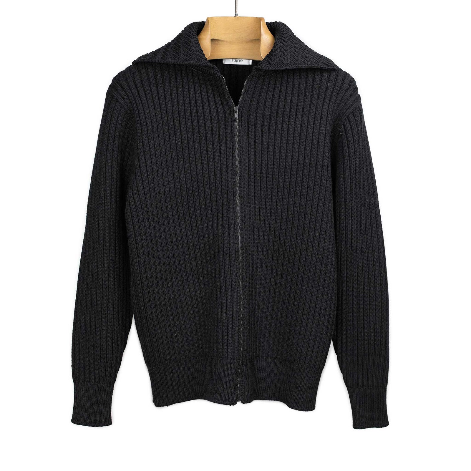 Zippered Collared Cardigan In Rib Knit Wool