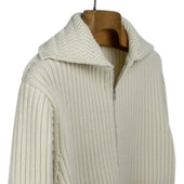 Zippered Collared Cardigan In Rib Knit Off White Wool