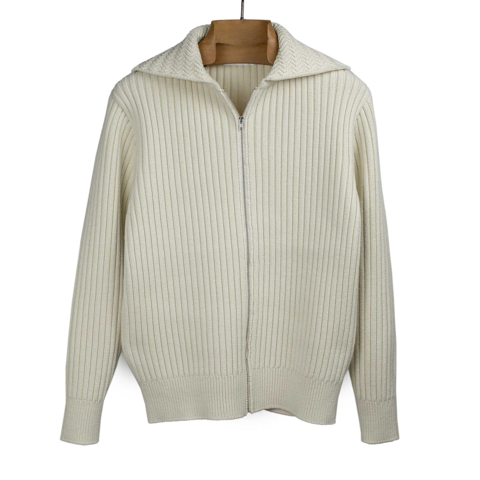 Zippered Collared Cardigan In Rib Knit Off White Wool