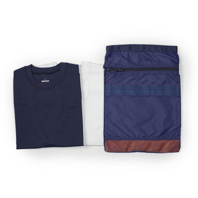 2-pack of crewneck t-shirts in white and navy poly/cotton with carrying pouch