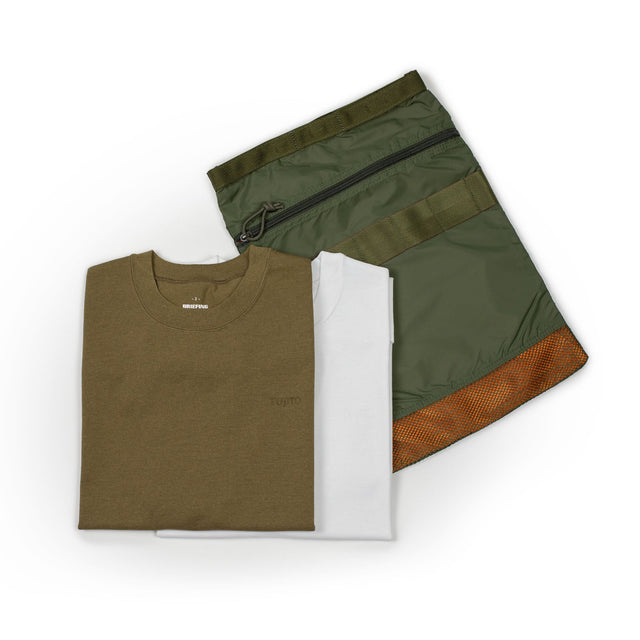 2-pack of crewneck t-shirts in white and olive poly/cotton with carrying pouch