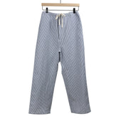 Drawstring trousers in indigo stripe cotton and linen seersucker