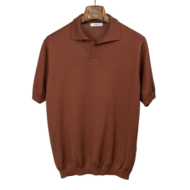 Knit skipper polo in rust brown cotton and silk