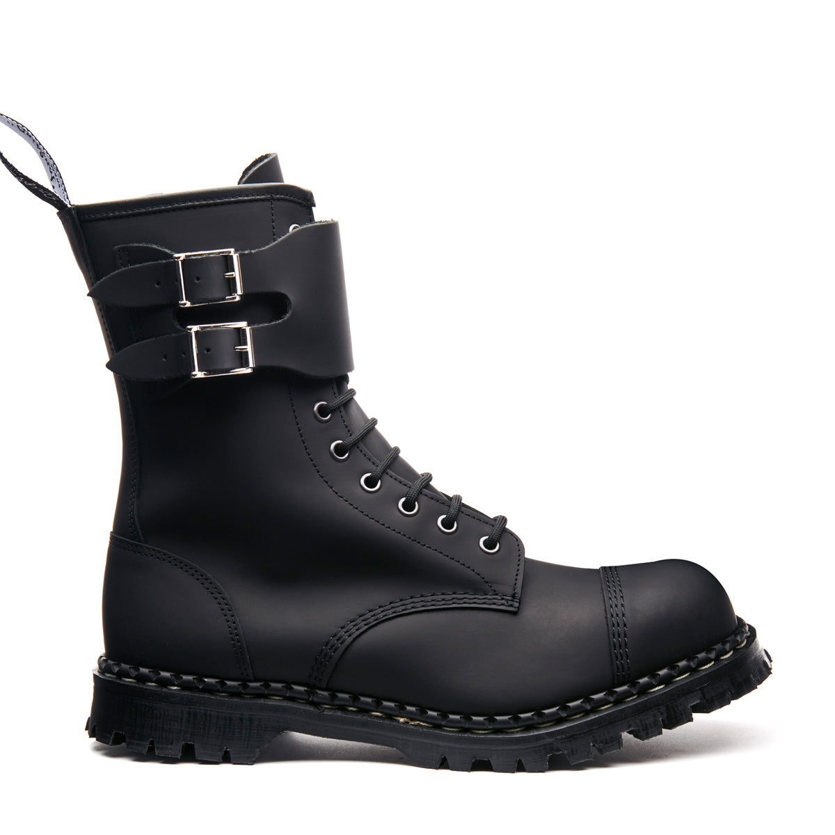 Black Greasy 10 Eye Steel Toe Capped Zip Twin Strap Derby Boot