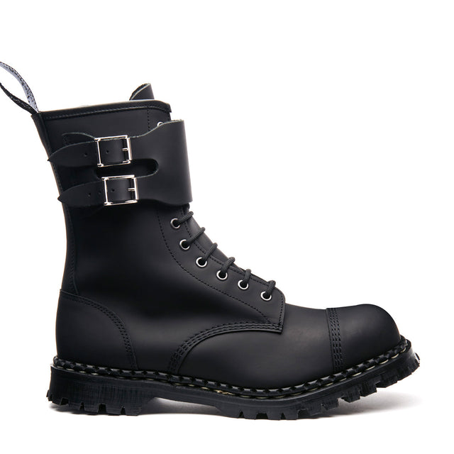 Black Greasy 10 Eye Steel Toe Capped Zip Twin Strap Derby Boot
