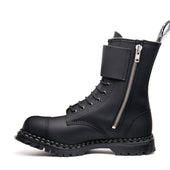 Black Greasy 10 Eye Steel Toe Capped Zip Twin Strap Derby Boot