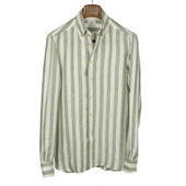 Green Wide Stripe Linen Shirt With Anacapri Buttoned One Piece Collar