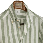 Green Wide Stripe Linen Shirt With Anacapri Buttoned One Piece Collar