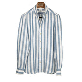 Wide Stripe Linen Shirt With Anacapri Buttoned One Piece Collar
