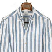 Blue wide stripe linen shirt with Anacapri buttoned one-piece collar