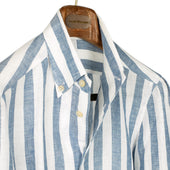 Wide Stripe Linen Shirt With Anacapri Buttoned One Piece Collar