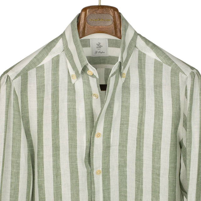 Green wide stripe linen shirt with Anacapri buttoned one-piece collar