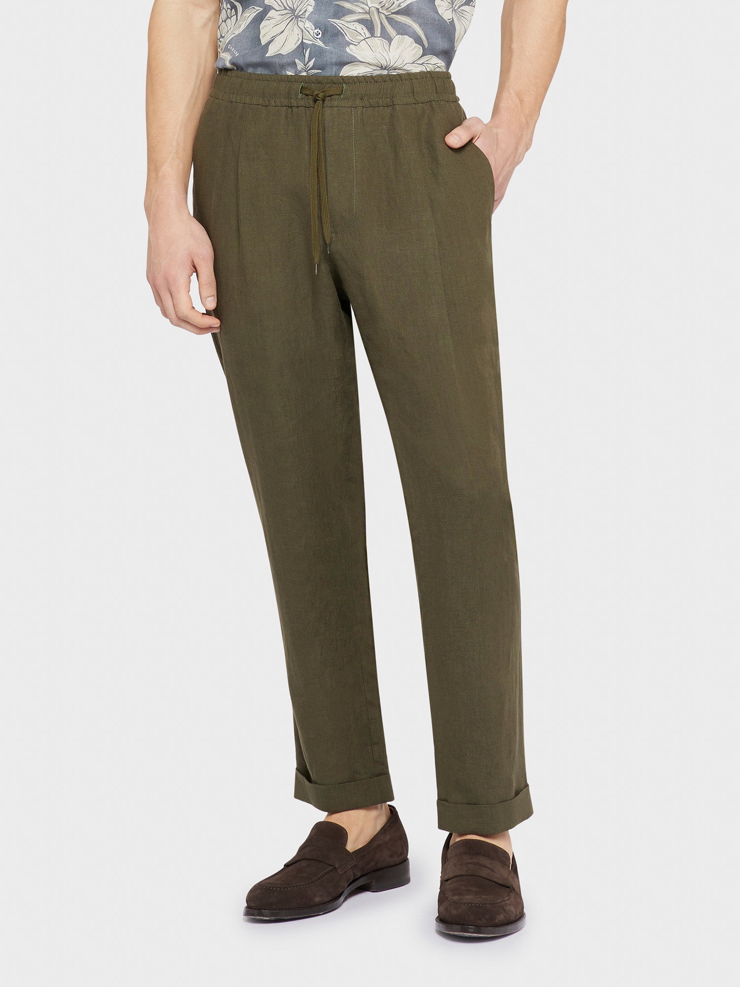 Pantalone In Lino Verde Militare