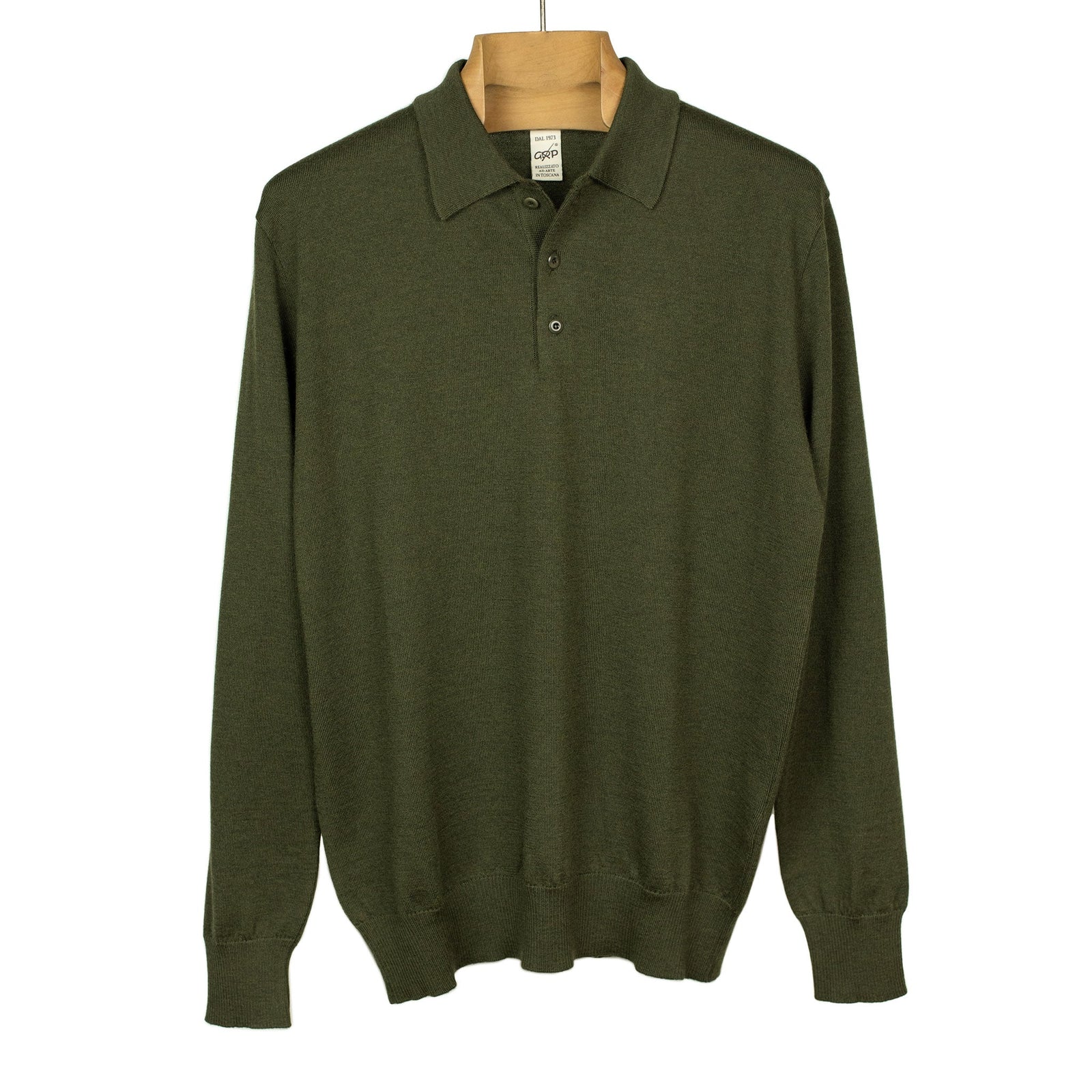 Knit Long Sleeve Polo In Deep Green Merino Wool