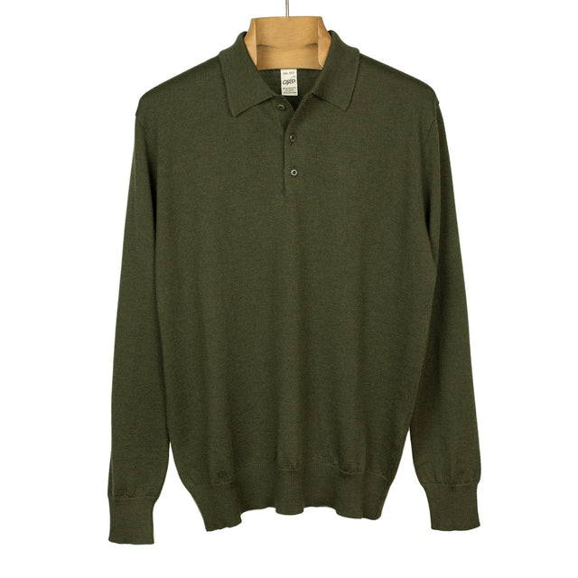 Knit long sleeve polo in deep green merino wool