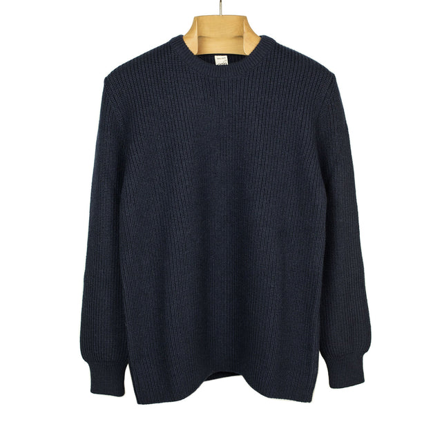 Chunky ribbed crewneck sweater in navy blue merino wool