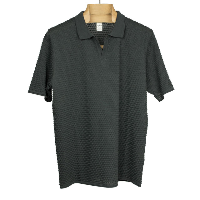 Bubble-knit short sleeve polo shirt in grey cotton