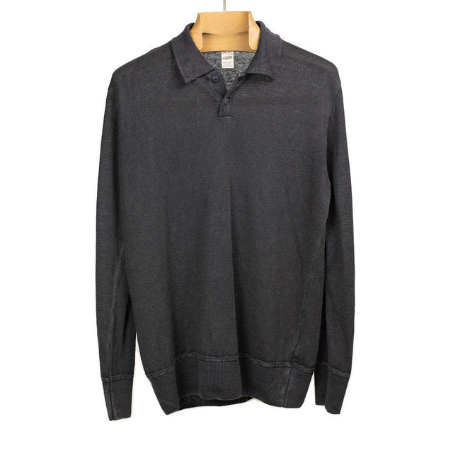 Knit long sleeve polo shirt in midnight blue linen