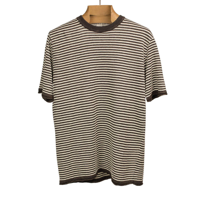 Knit short sleeve crewneck tee in brown with white striped linen