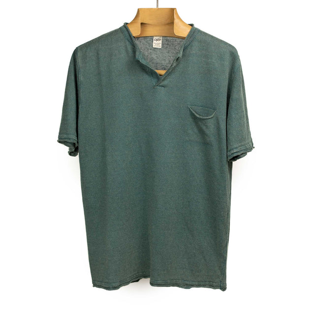Knit short sleeve henley tee in faded petrol linen