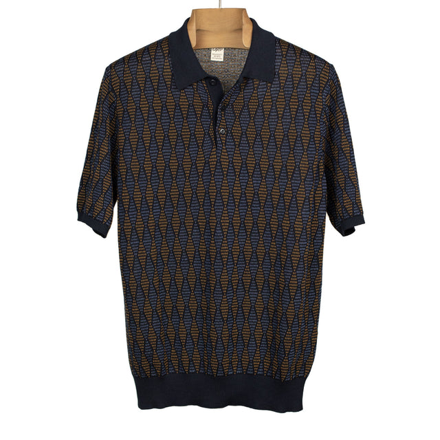 Knit short sleeve polo in tan and blue retro diamond cotton