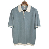 Short sleeve knit polo in ecru and petrol birdseye cotton