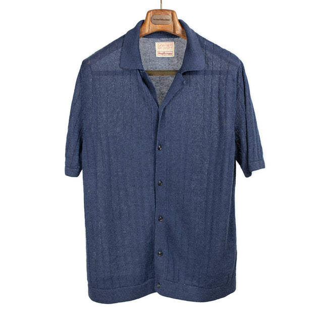 Short sleeve knit shirt in Avio washed blue perforated stripe linen