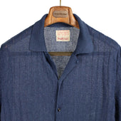 Short Sleeve Knit Shirt In Avio Washed Blue Perforated Stripe Linen