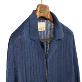 Short Sleeve Knit Shirt In Avio Washed Blue Perforated Stripe Linen