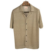 Short sleeve knit shirt in light tan perforated stripe linen