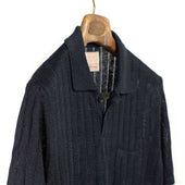 Short Sleeve Polo In Blue Perforated Stripe Linen