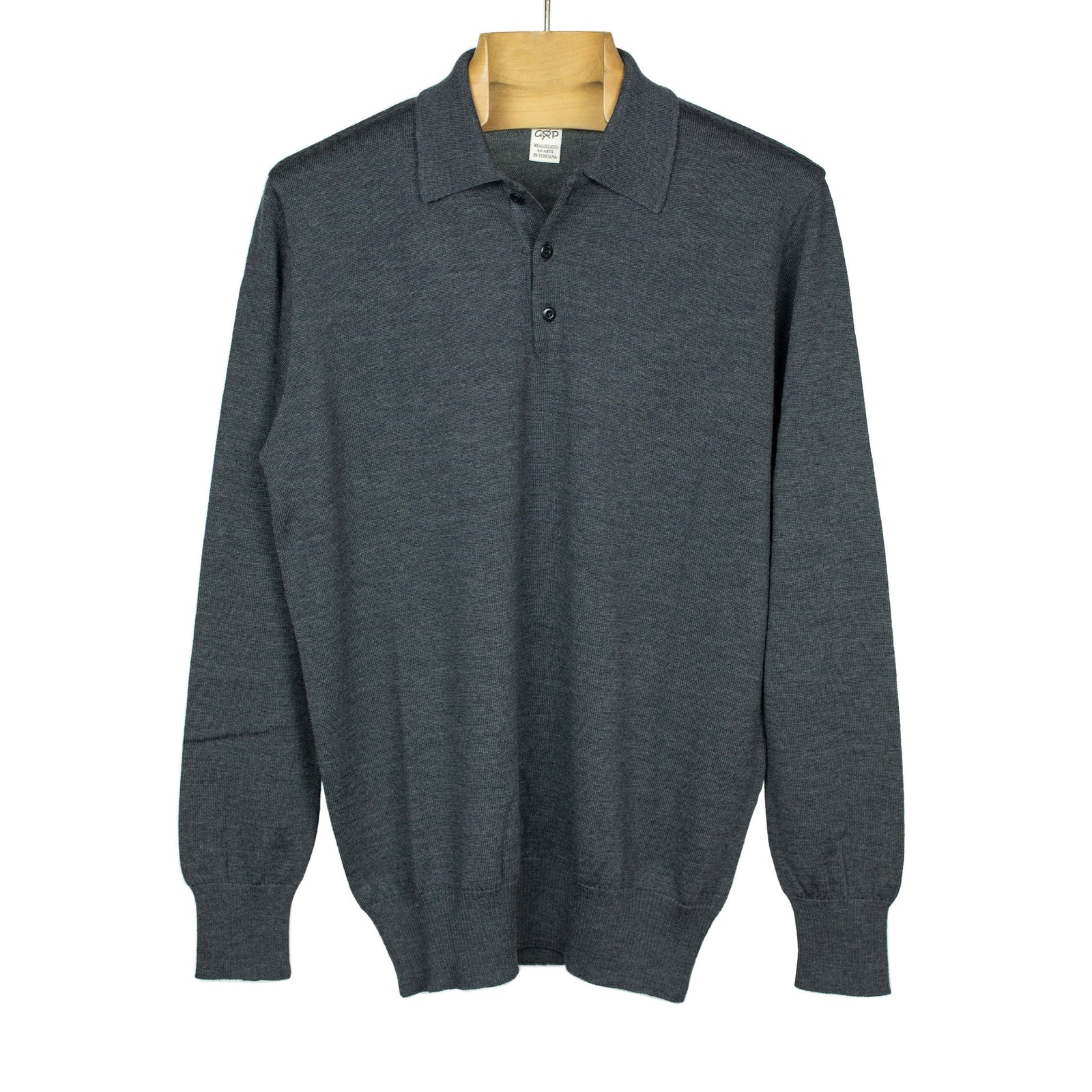 Knit Long Sleeve Polo In Grey Merino Wool