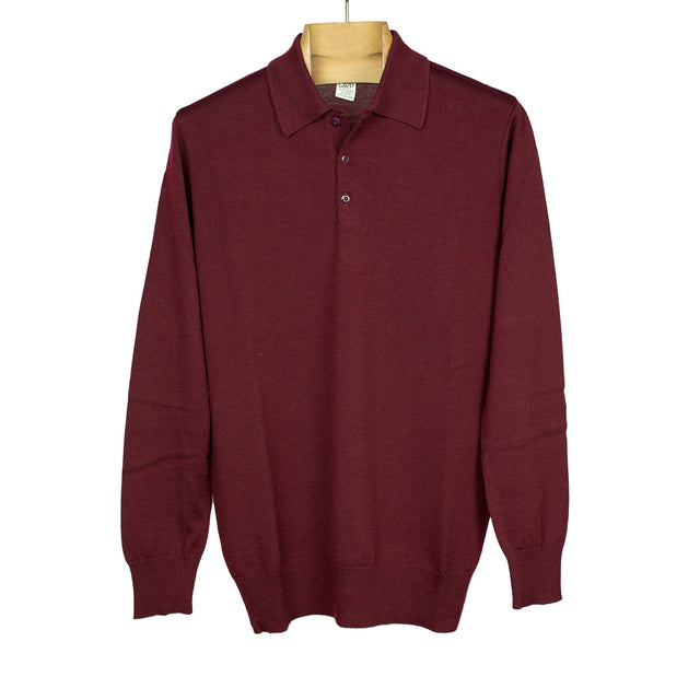 Knit long sleeve polo in burgundy red merino wool